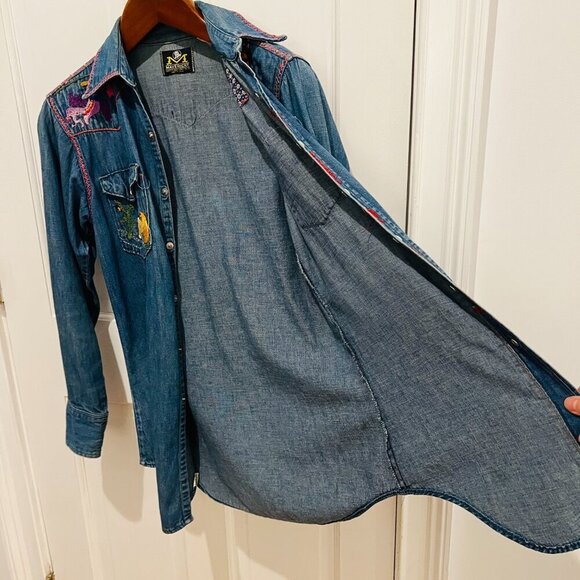 Vtg 70's Maverick Embroidered Denim Pearl Snap Shirt Long Tail Western Cowboy - Picture 15 of 16